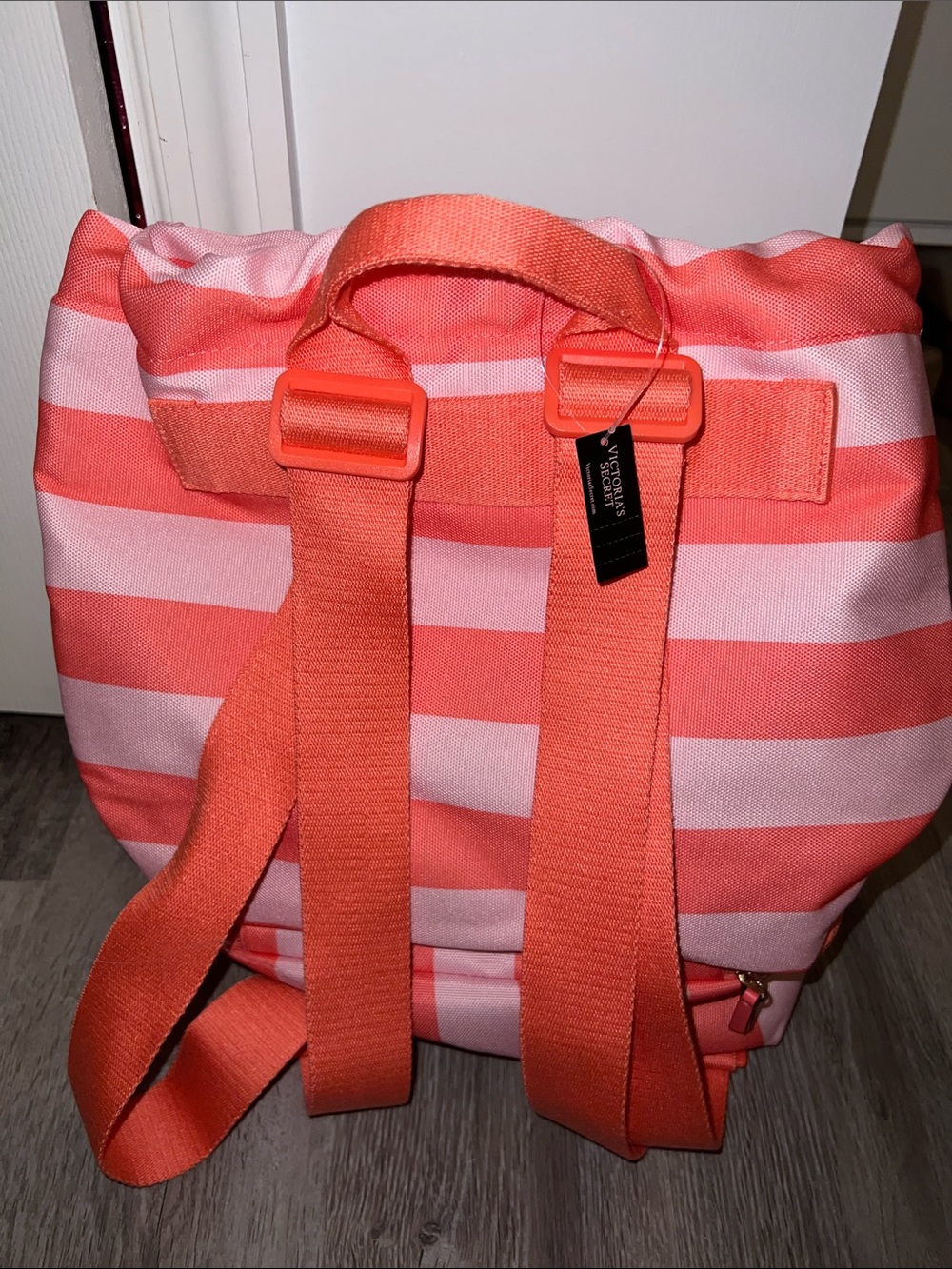 Victoria Secret Backpack Cooler Pocket Beach Bag Logo Drawstring Stripped Pink - Picture 2 of 4
